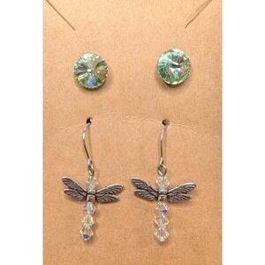 Lot‎ of 2 Earrings – Green Crystal Studs & Dragonfly Beaded Dangle Earrings